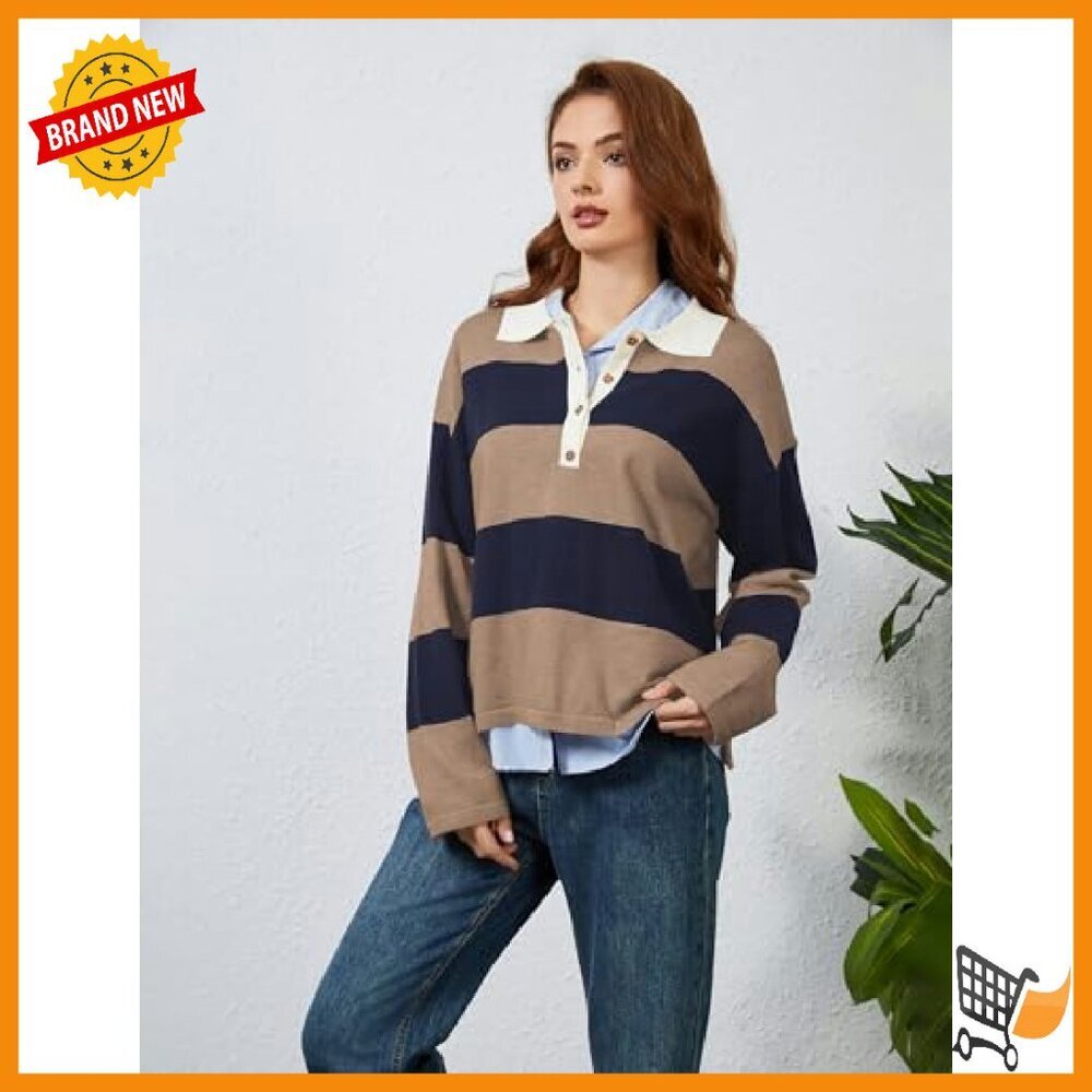 Women's Striped V-Neck Pullover Sweater Long Sleeve Casual Top - Picture 8 of 8